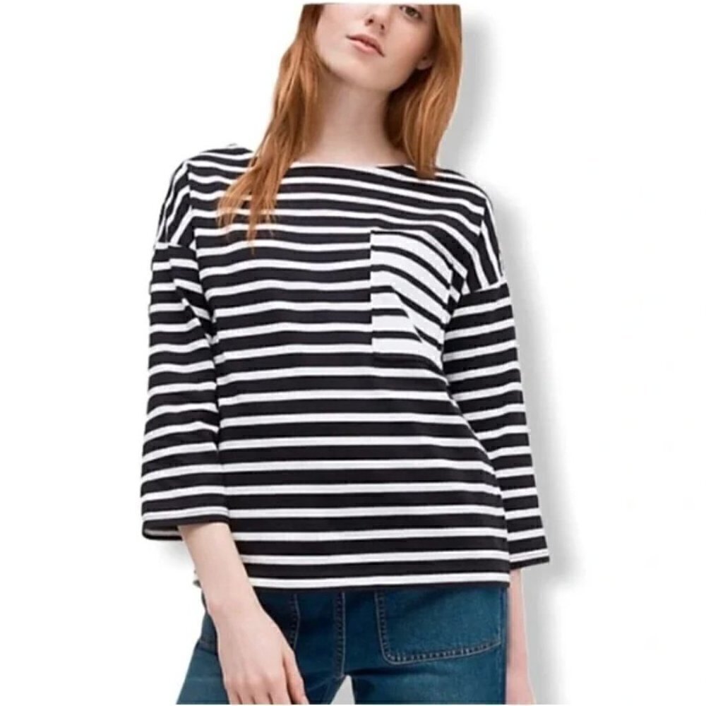 Kate Spade Black & White Striped Pocket Front Cotton 3/4 Long Sleeve S